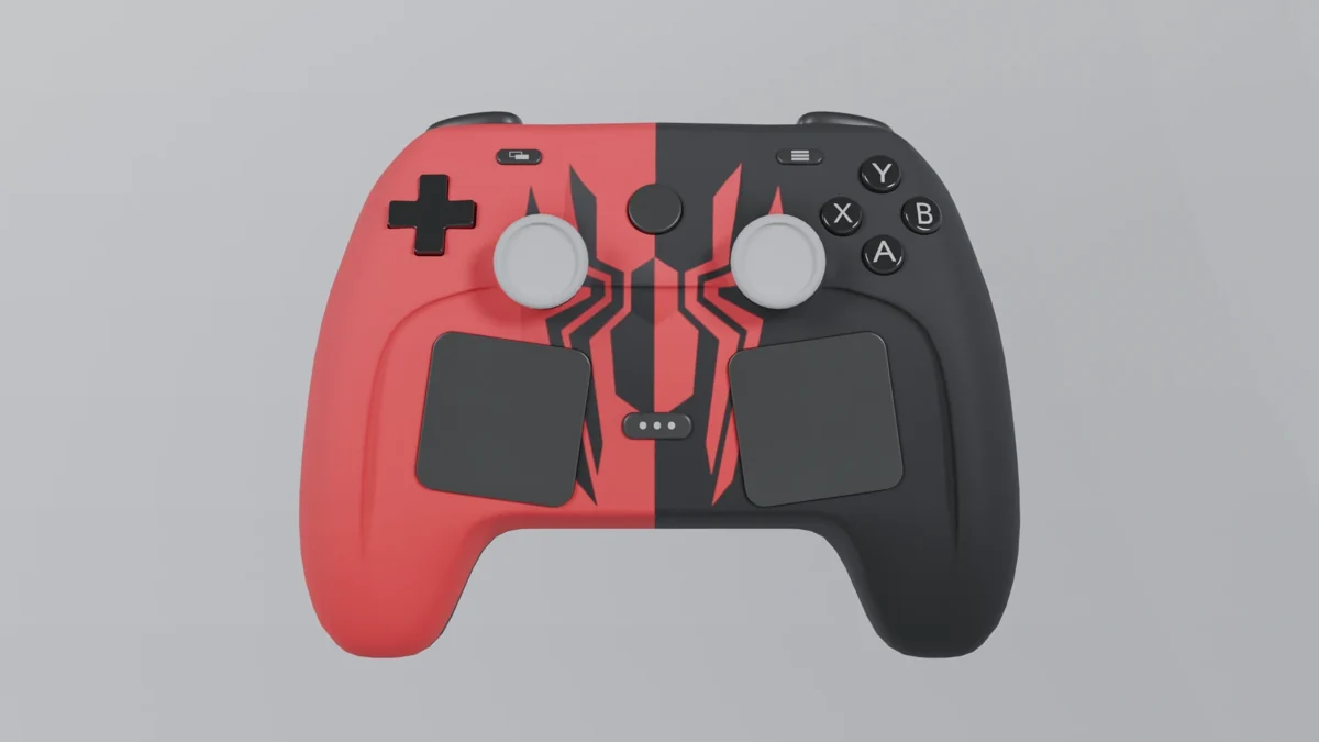 A red and black Steam Controller 3D render.