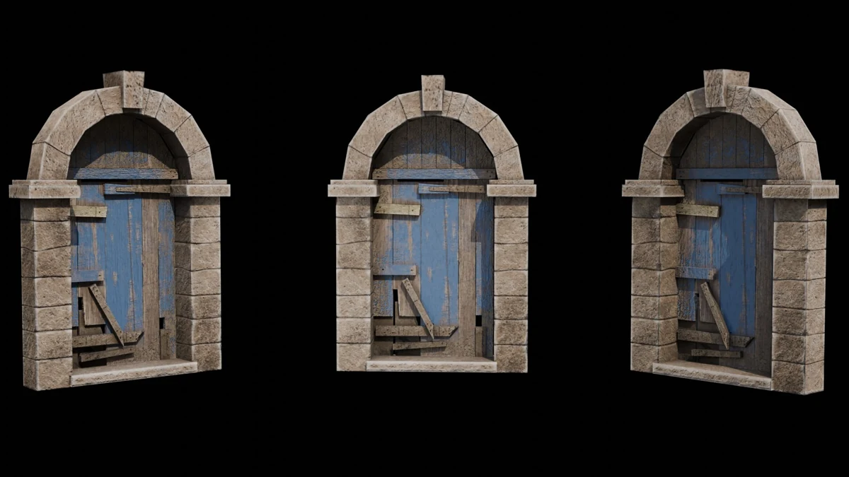 A stylized wooden door set in a stone arch.